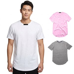 Men's Regular Fit <b>Longline</b> Printed Breathable 100% Cotton <b>T</b>-<b>Shirt</b> Short Sleeve O-Neck Casual Style <b>White</b> Pink Gray - Product Image 2