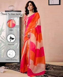 Sari en lin prêt-à-porter KV à imprimé floral, imprimé géométrique, imprimé pour tous les jours - Product Image 5