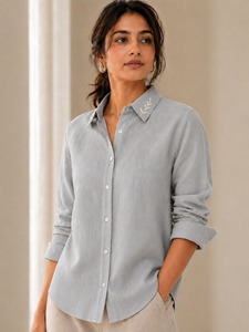 Camisa de Lino/Algodón para Hombre, Primavera, Lisa, Tejida, Cuello Clásico, Abotonada, Manga Larga, Blusa Informal para Uso Diario, 140g - Product Image 3