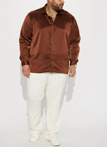 Wholesale Chocolate Men Long Sleeve <b>Satin</b> Shirt Custom Big Tall <b>Blouse</b> Support Custom Many Colors 100% Polyester Button up Shirt - Product Image 3