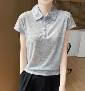 T-shirt décontracté d'été pour femme en maille Oxford unie avec col, manches courtes, anti-plis et séchage rapide - Product Image 5