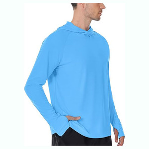 Camiseta de Manga Larga con Capucha Azul para Hombre, de Poliéster, Absorbente de Humedad, Transpirable, de Secado Rápido, para Todas las Temporadas, Corte Regular, Color Sólido - Product Image 3