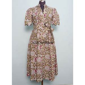 Vestido midi vintage al por mayor para mujer, vestido largo de algodón de manga corta con cinturón, vestido maxi elegante para mujer - Product Image 1