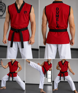 Uniforme de Taekwondo Transpirable de Algodón Rojo Internacional Dumela, Cinturón Negro con Logotipo, Ropa de Artes Marciales Unisex para Entrenamiento, Cintura Alta - Product Image 4