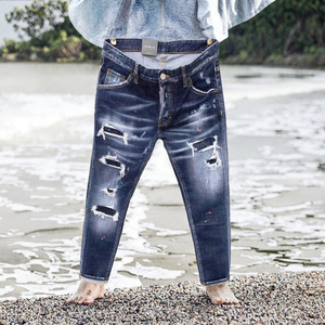Jean en denim respirant de haute qualité pour homme, taille mi-haute, coupe droite, style streetwear décontracté avec déchirures, pour toutes les saisons - Product Image 4