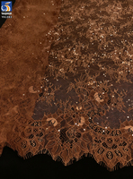 YX1383 300*150CM Tissu en dentelle à cils populaire et le plus vendu, couleur café/ivoire abricot, avec paillettes pour robe du Nouvel An