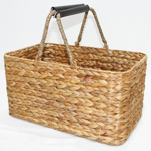 <b>Rectangular</b> Water Hyacinth Rustic <b>Storage</b> <b>Basket</b> with Black Handles Handcrafted Eco-Friendly for Laundry Room Organization - Product Image 6