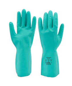 OFERTA DE LOTE EXCEDENTE [NF1513] Guantes de Nitrilo Verdes Sin Látex Forrados con Felpa, Fabricados en Malasia, Resistentes a Químicos, Aceite y Grasa - Product Image 1