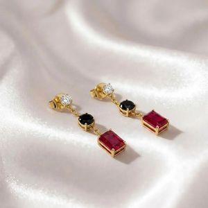 Ruby & <b>Black</b> Obsidian <b>Earrings</b> Rectangle Cut Drop Dangle CZ Accent <b>Stud</b> <b>Earrings</b> Minimalist Jewelry Gift For Her Elegant Style - Product Image 2