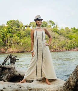 Robe longue bohème en coton crème à imprimé ethnique, robe de plage d'été légère, tenue bohème esprit libre - Product Image 1