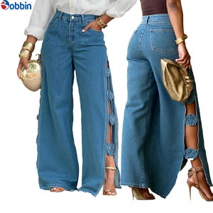 Jeans de mujer de cintura alta, holgados, casuales, nuevos, con aberturas, hechos a mano, con flores dimensionales, pantalones vaqueros de mezclilla para mujer - Product Image 4