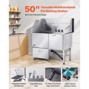 Estación de Lavado para Perros de Acero Inoxidable 304 con Rampa Antideslizante de 50 Pulgadas, Cajón de Almacenamiento y Grifo de Agua Fría y Caliente para Peluquería Canina - Product Image 2
