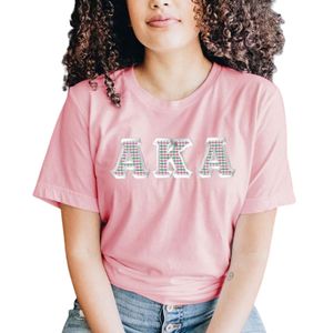 Camiseta Rosa de Manga Corta para Mujer con Parche de Letras de Chenilla a Cuadros Verdes, Cuello Redondo de Algodón, Informal, Suave, para Uso Diario, Moda de Verano - Product Image 1