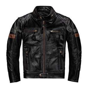 Veste de moto en cuir véritable pour homme, col montant, fermeture éclair, manteau de motard - Product Image 1