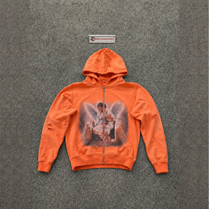 Sweat à capuche zippé avec motif ange corail vieilli, style streetwear, design ange vintage, transfert par sublimation, 100% polyester, French Te - Product Image 5