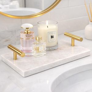Elegante Bandeja de Servir de Mármol Blanco con Asas de Metal Dorado, Bandeja Decorativa Rectangular para Baño, Encimera de Cocina - Product Image 5