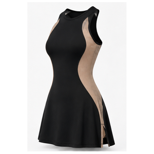 Vestido de tenis sin mangas para mujer con paneles de malla, cuello mandarín, falda acampanada ajustada, cremallera frontal elástica, transpirable, ropa deportiva. - Product Image 3