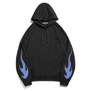 Sudadera con Capucha Negra para Hombre, Talla Grande, de Algodón French Terry, con Estampado de Llamas Azules, Estilo Casual Urbano - Product Image 1