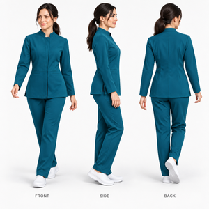 Conjunto de uniforme médico unisex de 2 piezas en lona de poliéster color verde azulado con cuello redondo, bolsillos tipo cargo y detección de agujas - Product Image 3