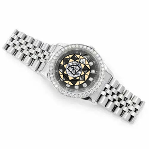 Montre de luxe pour femme en acier inoxydable à quartz avec lunette sertie de diamants et cadran en verre saphir, chiffres romains analogiques, fermoir pliant - Product Image 1