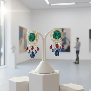 Pendientes de Piedras Preciosas Multicolores, Verde, Rojo y Azul Hidro, con Circonita Cúbica, Plata de Ley 925, Chapados en Oro de 18K - Product Image 3