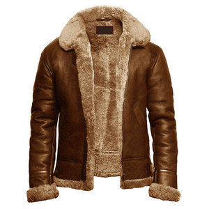 Veste en cuir véritable marron pour homme Salva Leather, style streetwear, doublure en sherpa, fermeture éclair, col montant, coupe régulière, coupe-vent, hiver, logo. - Product Image 1