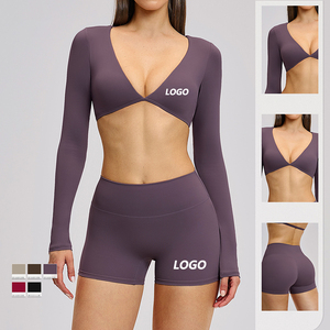 Conjunto Deportivo de Dos Piezas para Mujer, Pantalones Cortos de Cintura Alta, Top Corto de Manga Larga, Color Sólido, Ropa Deportiva Activa, Transpirable, Tejido de Punto, para Yoga - Product Image 5