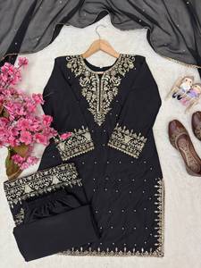 Designer Zari Embroidery With Sequence And <b>Pearl</b> Moti Work French Crepe <b>Top</b> With Plazzo Bottom And Dupatta Fully Stitched Set - Product Image 4