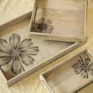 Plateau de service en bois rectangulaire, motif végétal peint à la main, design minimaliste, vaisselle et assiettes artisanales - Product Image 2