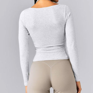Camiseta Deportiva 2 en 1 para Mujer, Manga Larga, Diseño de Top Corto, Ajuste Holgado, Material Acanalado Transpirable, para Entrenamiento Informal - Product Image 6