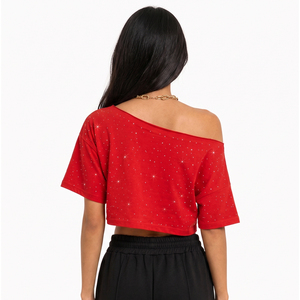Chemise oversize glamour pour femme, personnalisable, ornée de strass, crop top, épaules dénudées, t-shirt en coton pour femme, asymétrique - Product Image 2
