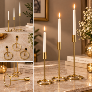 Golden <b>Taper</b> <b>Candle</b> <b>Holders</b> Set of 3 with Round Base for Dining Table Decor | Tall Metal <b>Candle</b> Stands for Wedding Home and Gift - Product Image 4