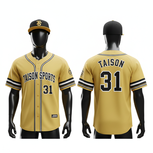 Maillot de baseball pour homme en polyester respirant, interlock, bleu ciel, rayures fines blanches, bordures marron, empiècements latéraux, logo personnalisé en twill. - Product Image 5