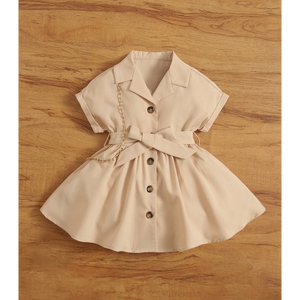 Toddler Girls Beige Button-Front Shirt Dress with <b>Waist</b> Bow & <b>Chain</b> Detail - Product Image 2