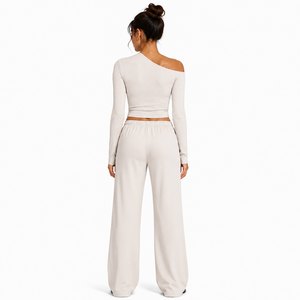 Conjunto de Yoga para Mujer, Top Corto de un Hombro, Pantalones Anchos, Manga Larga, Ropa Deportiva para Pilates, Transpirable, Spandex y Algodón, 2 Piezas - Product Image 2