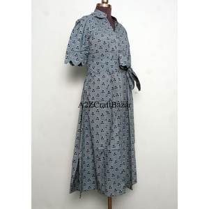 Robe longue midi trapèze 100 % coton pour femme, imprimée, col en V, boutonnée au dos, respirante, lavable, nettoyage à sec, écologique – Meilleure vente - Product Image 5