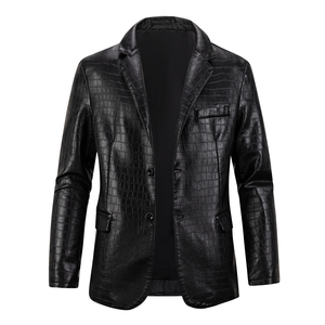 <b>Men's</b> Black PU Leather <b>Jacket</b> Embossed <b>for</b> Pattern Double Breasted <b>Smart</b> Casual All Seasons Quarter-zip Collar Regular Fit - Product Image 1