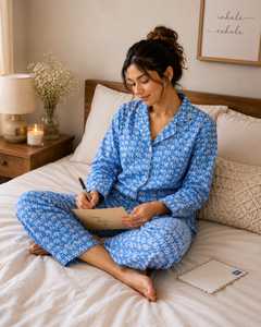 Soft 100% Cotton Woven Floral Print Blue <b>Pyjama</b> Set <b>for</b> Women | Luxury Hand Block Print Nightwear | Button Sleepwear Loungewear - Product Image 2