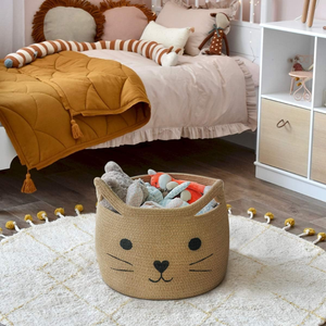 Cute <b>Cat</b> Face Cartoon Printed Cotton Barrel-Shaped Storage Basket with Two Handles Open Top Foldable Waterproof - Product Image 5