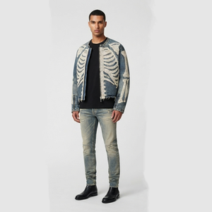 Veste en jean personnalisée pour homme, motif squelette, brodée, patchwork, délavée, effet vieilli, ourlet brut, vintage, zippée, style motard, streetwear Y2K - Product Image 5