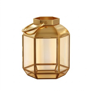 Lanterne suspendue hexagonale en métal finition or antique, en fer et verre, porte-bougie décoratif pour décoration intérieure et extérieure. - Product Image 1