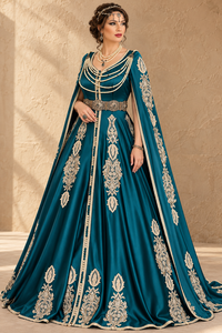 Robe longue en velours brodé prune, col en V, drapés de perles, manches cape fendues, ceinture dorée ornée, coupe ample respirante pour femme - Product Image 2