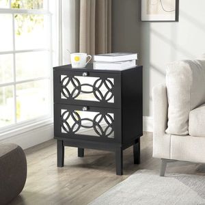 FCH 2pcs Black Bedside <b>Table</b> Dressers 45*30*60cm MDF with Spray Paint Smoked <b>Mirror</b> Two-Drawn Carving - Product Image 2
