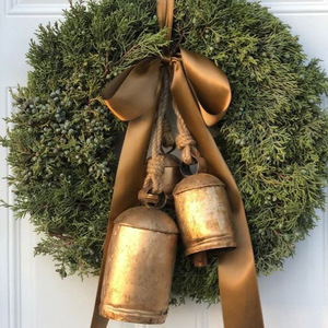 Antique Gold Metal Christmas Hanging <b>Cow</b> Bells Rustic Farmhouse Holiday <b>Ornaments</b> Shabby Chic Harmony Bells With Jute Rope - Product Image 3