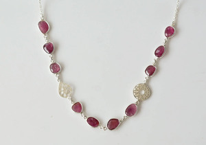 Imperial <b>Ruby</b> Bloom 925 Sterling Silver Handcrafted Station <b>Necklace</b> with Intricate Laser-Cut Silver Artistry - Product Image 3