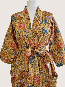 Bata Larga Estampada Floral para Mujer, Manga Tres Cuartos, Cuello en V, 100% Poliéster, Suave, Informal, para Primavera, con Cierre de Cordón - Product Image 1