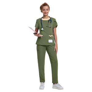 2026 Premium Women Medical <b>Scrub</b> Tops Set Polyester Woven Hospital <b>Uniforms</b> for Nurses with Stethoscope and ID Badge Pockets - Product Image 2