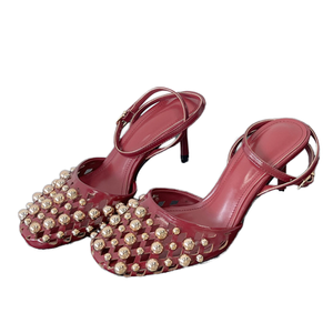 2026 New Spring Formal Fashion Trend Square Toe Metal Rivet Closed Toe Slingback Sandals <b>Red</b> French Stiletto High <b>Heels</b> - Product Image 1