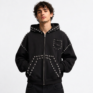 Sweat-shirt d'hiver personnalisé pour homme, à fermeture éclair, orné de perles, en coton épais, coupe oversize, style streetwear, marque privée, vêtements OEM ODM - Product Image 3