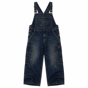 Salopette cargo en jean indigo délavé, coupe ample, style hip-hop urbain, avec broderie de marque - Product Image 2